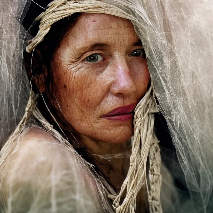 Prompt: closeup portrait of a woman with a cloak made of ribbons and twine, sitting in water, by Annie Leibovitz and Steve McCurry, natural light, detailed face, CANON Eos C300, ƒ1.8, 35mm, 8K, medium-format print