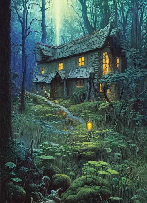 Image similar to hyper realistic witch cottage with mood lighting and technology in the woods gorgeous lighting, sunbeams blue sky, highly detailed, lush forest foliage painting by zdzisław beksinski and norman rockwell and greg rutkowski weta studio, and lucasfilm