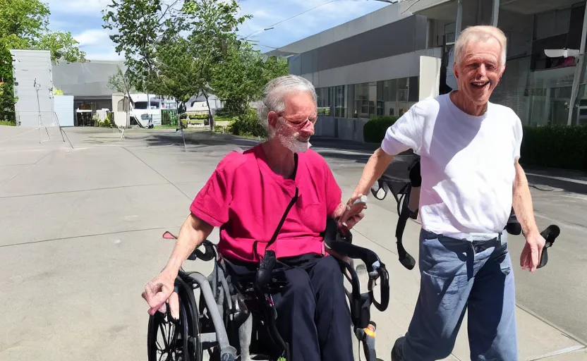 Prompt: 70 year old white man getting released from the hospital on a bright sunny day with rainbows