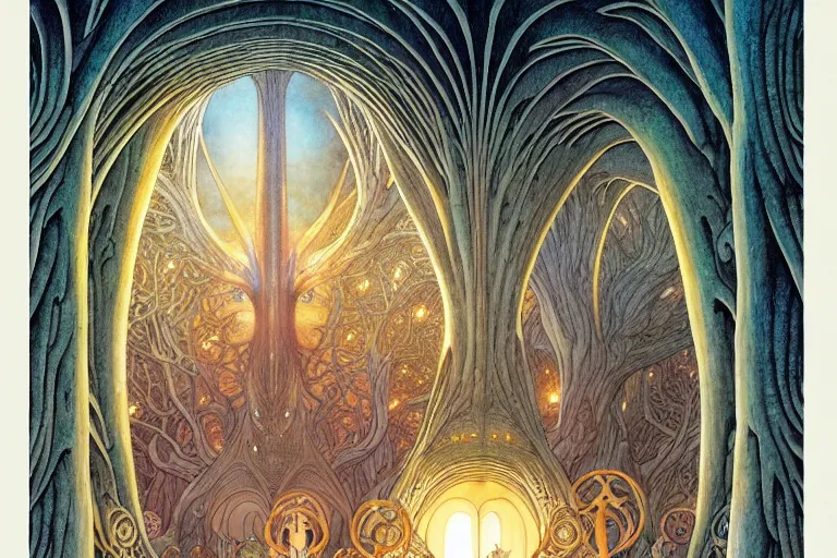 Prompt: a symmetrical!!! delicate mtg illustration by john howe, charles vess, rebecca guay and kawase hasui of a large group of people entering the glowing doorway of a massive vulva - shaped temple constructed of tree trunks, carved iridescent pearls and house - sized crystals of smooth and organic architecture floating in the astral plane