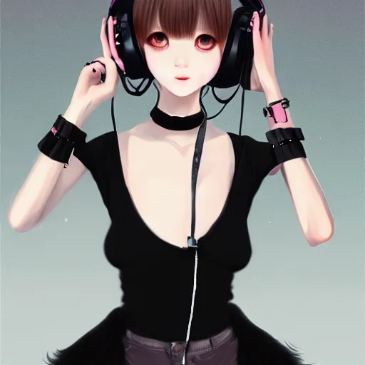 Image similar to realistic beautiful gorgeous natural cute Blackpink Lalisa Manoban black hair cute fur black cat ears, wearing white camisole, headphones, black leather choker artwork drawn full HD 4K highest quality in artstyle by professional artists WLOP, Taejune Kim, Guweiz on Pixiv Artstation