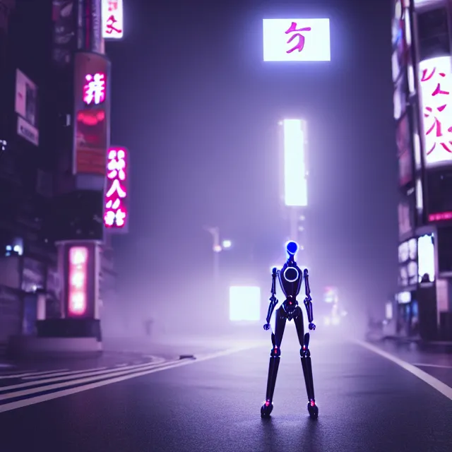 Prompt: robot woman approaching, detailed face, shibuya prefecture, cinematic lighting, fog mist smoke, photorealistic, night photography, octane render by tomino - sama