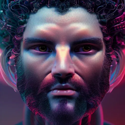 Prompt: demon god close-up portrait curly-haired persian guy, burning halo, intricate artwork by Tooth Wu and wlop and beeple, greg rutkowski, very coherent symmetrical artwork, cinematic, hyper realism, high detail, octane render, unreal engine, 8k, Vibrant colors, Smooth gradients, High contrast, depth of field