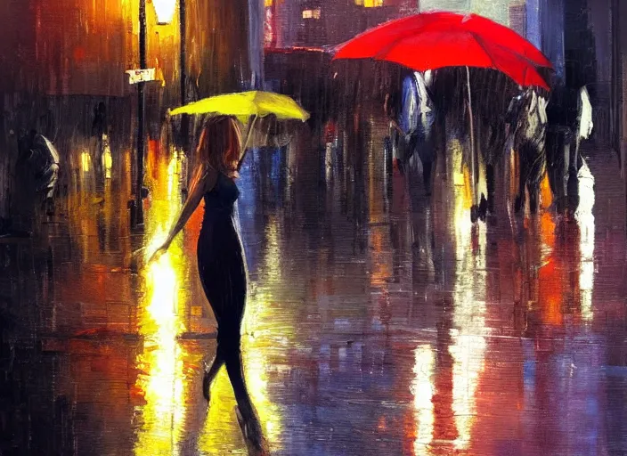 Prompt: evening city scene with height young woman holding an umbrella. beautiful use of light and shadow to create a sense of depth and movement. using energetic brushwork and a limited color palette, providing a distinctive look and expressive quality in a rhythmic composition