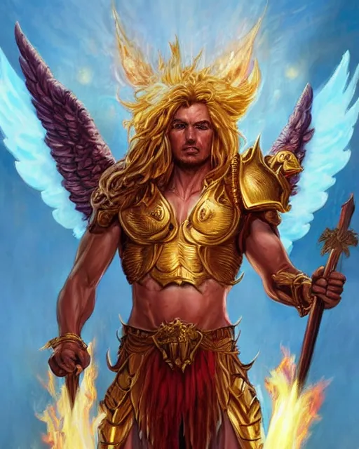 Prompt: mtg character portrait of a brawny male leonin warrior african lion angel of justice, with fiery golden wings of flame, wearing shining armor, wielding flaming sword and holding large fiery shield, by peter mohrbacher and wadim kashin and greg rutkowski and esao andrews and george pemba and ernie barnes and raymond swanland and magali villeneuve, trending on artstation