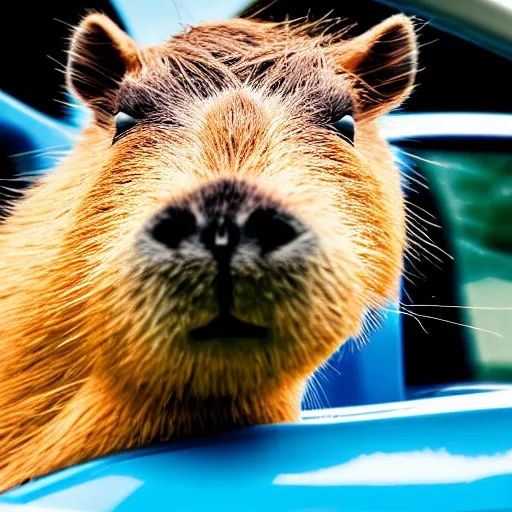 Image similar to A highly detailed photograph of a capybara driving a blue convertible sports car at high speeds