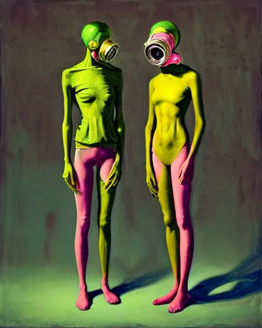 Prompt: Two skinny old figures, wearing gas mask helmets, draped in silky gold, green and pink fabric, inside an abandoned hospital room, loss in despair, transhumanist evolution, maximalism, part by James Jean. part by Kati Heck, Esao Andrews, Edward Hopper, surrealism, dark art by Beksinski and Yamamoto hypersurrealism