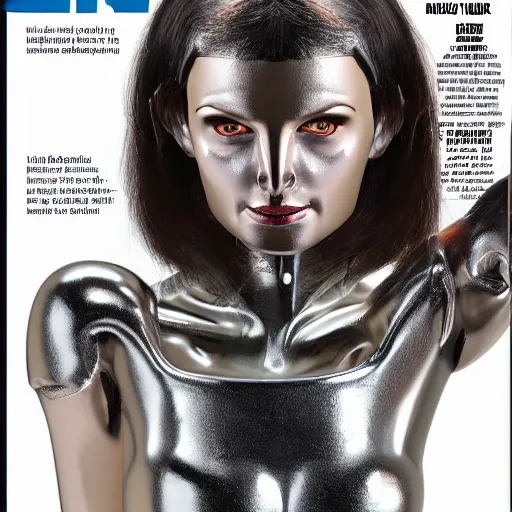 Prompt: a liquid metal robot is partially morphing into copy of actress in the magazine, realistic, detailed