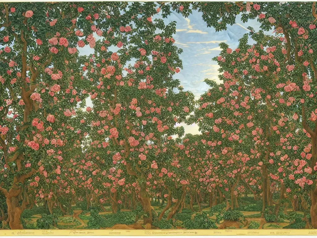 Prompt: a wide angle view of the trunks of rose trees, with sun rays filtered through the canopy. by evelyn de morgan.