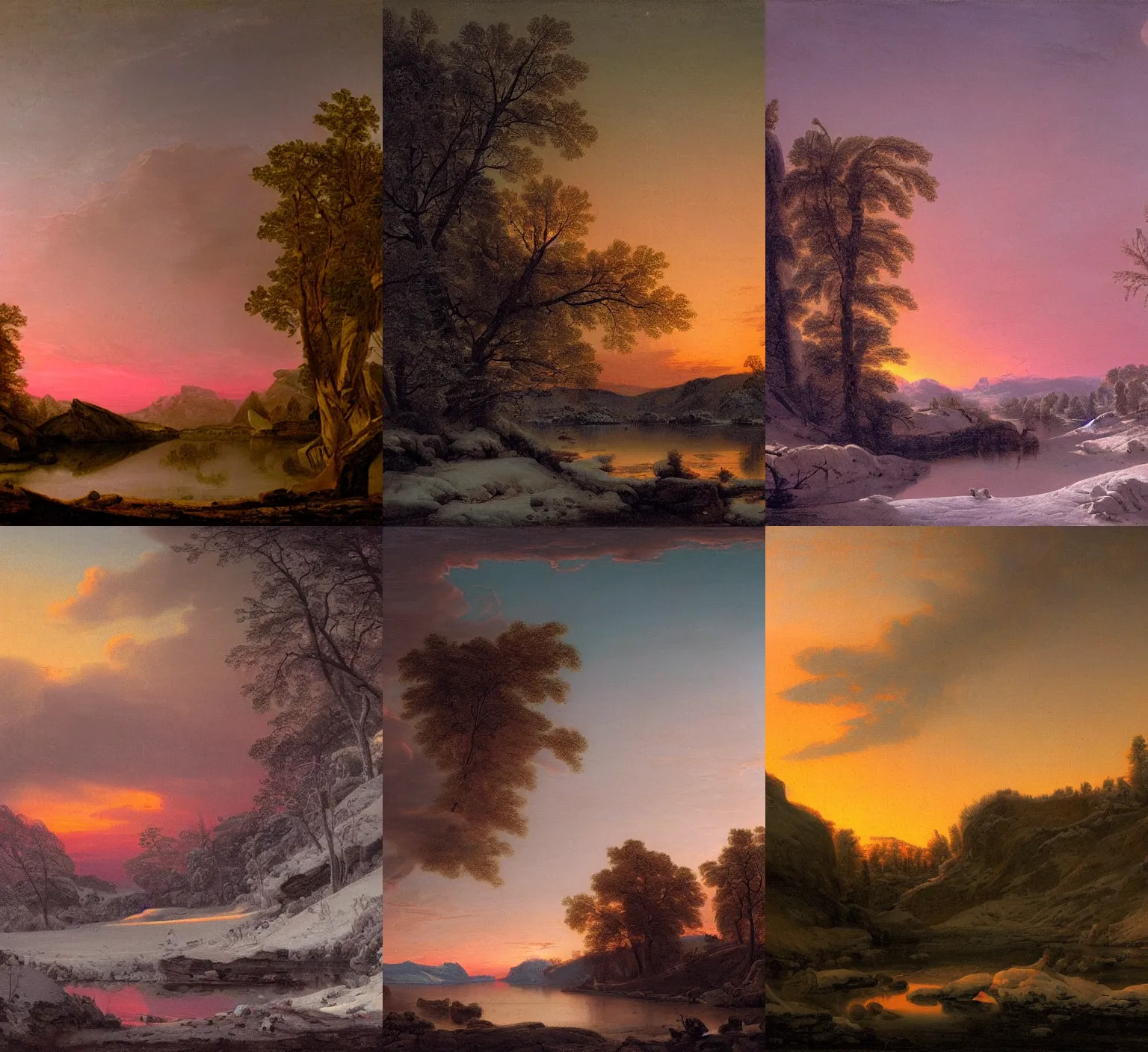 Prompt: a frozen landscape on an alien planet, twilight, pink sunset, by Asher Brown Durand