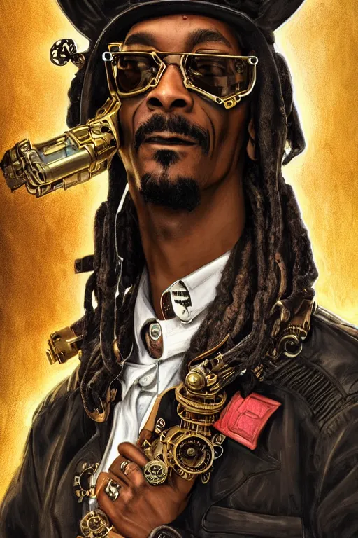 Prompt: snoop dog as a steampunk cyborg gunslinger, portrait, cyber western, neon, duster, fantasy, intricate, elegant, highly detailed, digital painting, artstation, concept art, sharp focus, illustration, art by artgerm and greg rutkowski and alphonse mucha