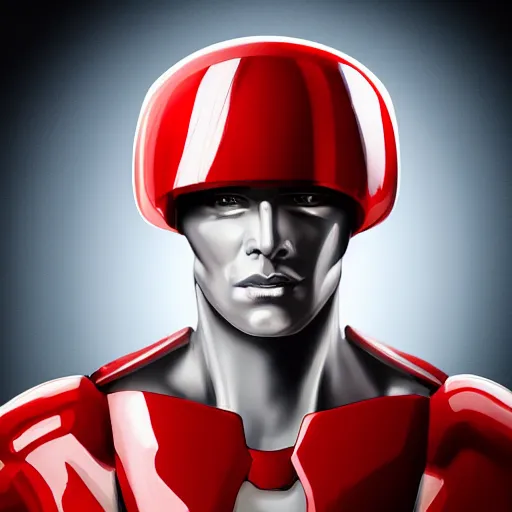 Image similar to headshot of a tall athletic muscular infantry man in glossy sleek white armor with tiny red details and a long red cape, heroic posture, strong jawline, on the surface of mars, night time, dramatic lighting, cinematic, sci-fi, hyperrealistic