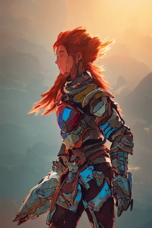 Image similar to combination suit armor aloy horizon forbidden west horizon zero dawn radiating a glowing aura global illumination ray tracing hdr fanart arstation by ian pesty and alena aenami artworks in 4 k tribal robot ninja mask helmet backpack