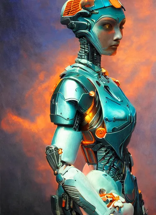 Image similar to ( ( symmetry ) ) closeup portrait of a stunning armored cyborg girl ( ( ( crying in tears ) ) ), ( bird in hands ), strong cinematic light, backlit, teal orange, viscous volumetric smoke, mist, by gerald brom, by mikhail vrubel, by peter elson, muted colors, extreme detail, trending on artstation, 8 k