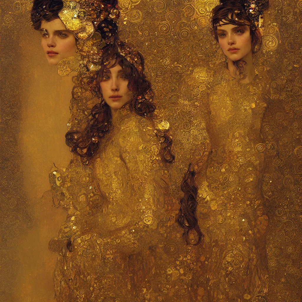 Prompt: seamless intricate klimt golden motives and textures pattern, hyper detailed, ornamental gold headpiece, octane render, vivid colors, artstation, by jeremy mann, by alphonse mucha, by klimt