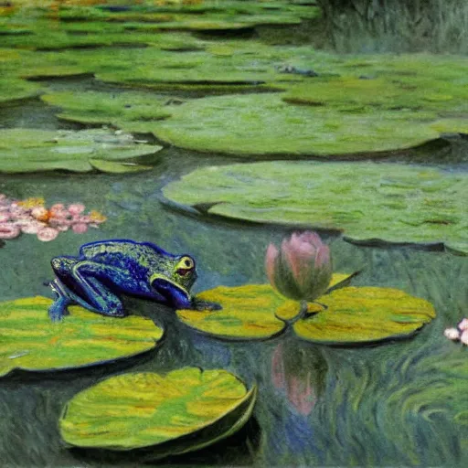 Image similar to !!! sticker!!! close - up of a frog in the water lilies, highly detailed, digital art, matte painting, sharp focus, matte painting, by isaac levitan, monet, asher brown durand,