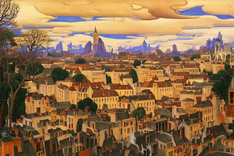 Image similar to view of the old city and its tree-lined winding streets still wet after a storm, tall windows lit up, beautiful ornamental architecture, dramatic cinematic lighting, rich colors, by Nicholas Roerich and and William Dyce and ford madox brown and April Gornik and Ludwig Deutsch and Sylvain Sarrailh , featured on artstation