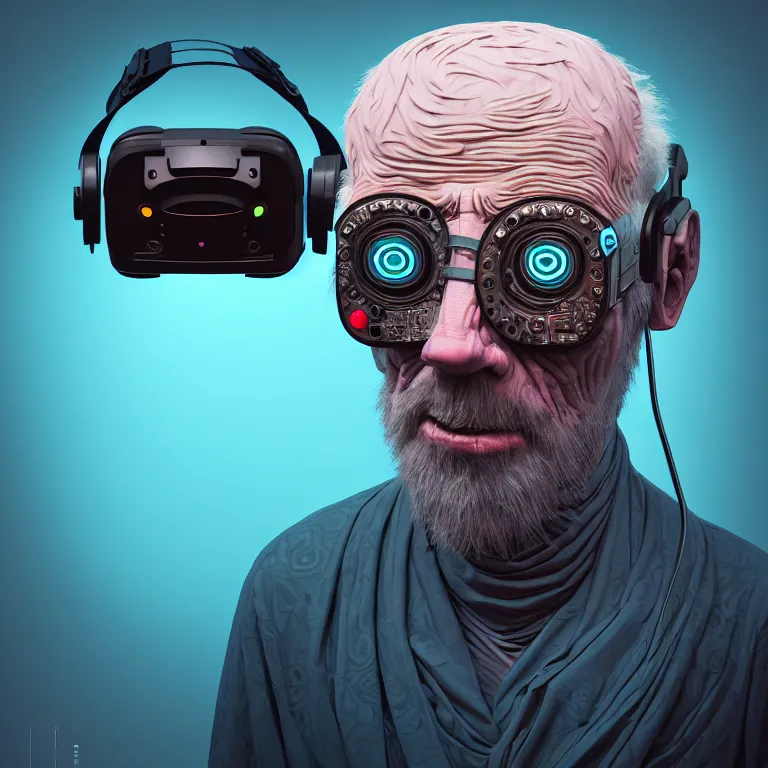 Image similar to Colour Photography of 1000 years old man with highly detailed 1000 years old face wearing higly detailed cyberpunk VR Headset designed by Josan Gonzalez . in style of Josan Gonzalez and Johannes Vermeer and Mike Winkelmann. Rendered in Blender