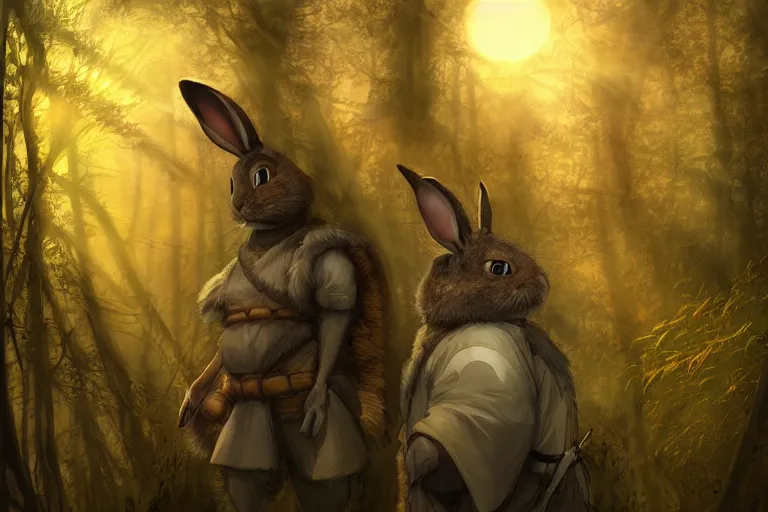 Prompt: portrait of an ashigaru bunny, sunset, ominous shadows through the forest, he has a pike, studio ghibli, the bunny is in a forest valley by brian froud and jessica rossier