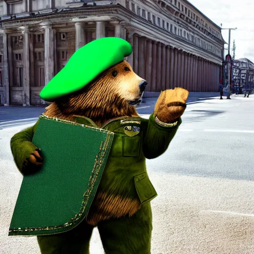 Image similar to a portrait of a socialist bear in a green military uniform with a hat, waving a red flag in Berlin, 4K realistic, hyper detailed, cinematic lighting, wow factor, award winning photo