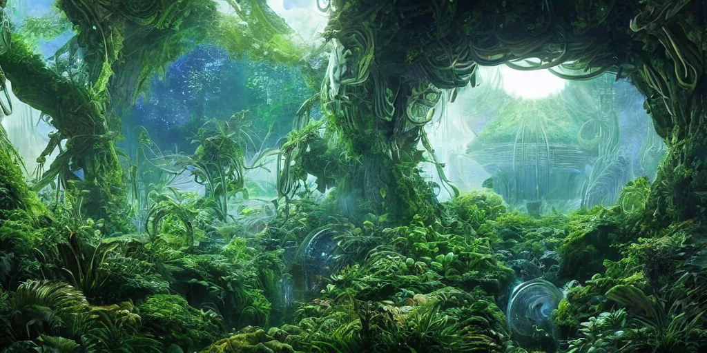 Image similar to alien cinematic geometric lush mirror art, integrated plants landscape geometry 8 k sharp focus sacred by moebius, andreas franke, james christensen, victo nagi, artgerm