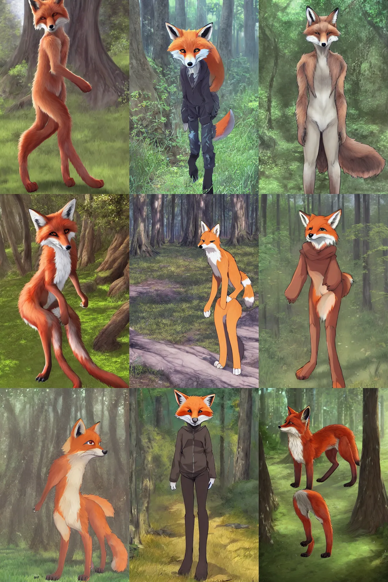 Prompt: furry art, anthro digitigrade natural - colored fox!!!! with black paws, walking upright in a forest, fursona commission, photorealistic, extremely detailed, anime key visual, pixiv, makoto shinkai, hibbary, dark natasha, goldenwolf, furaffinity, portrait