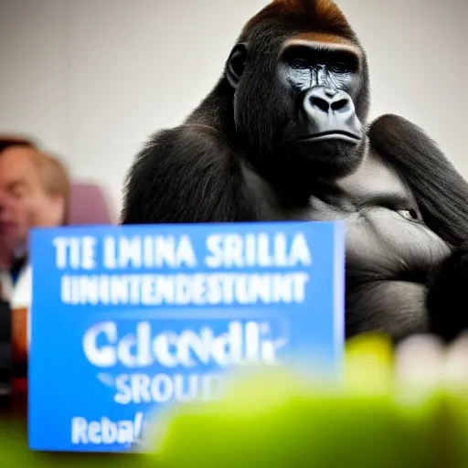 Image similar to an image of a gorilla sitting in a chair in the presidental press briefing room, hyper realistic, 4 k, depth of field.