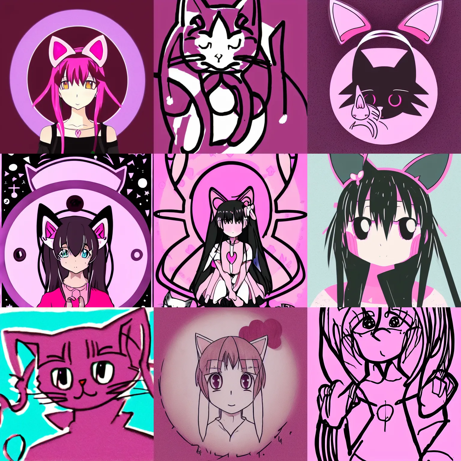 Prompt: profile of an anime (cat) girl with cat ears drawing magic circles. Pink hue.