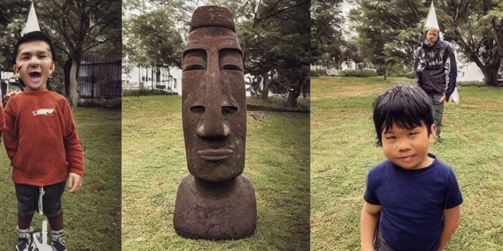 Prompt: disappointed kid after receiving a hyperrealistic giant moai statue for a christmas present. christmas tree as background. wide angle shot. render 5. octane render. highly detailed, trending on reddit. trending on 9 gag, trending on social media memes.