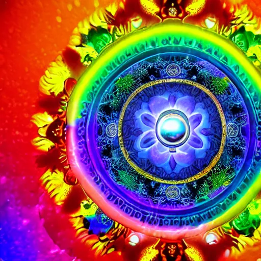 Image similar to rainbowcore, yinyang sign glowing, surrounded by lotus, with the sun shining with the moon, with detailed mandala filled with fractals, de-noise, symmetrical composition, high detailed, super clear, ornate border, 32k immaculate scale, hyper-realistic, Unreal Engine, Octane Render, digital art, trending on Artstation, atmospheric, immaculate