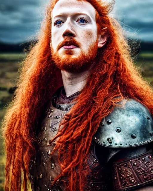 Image similar to northern Mark Zuckerberg warrior, red hair, ginger hair, long hair, fantasy, Viking, high detailed, photography, cloudy, lightweight leather armour, Scandinavia, plain, detailed face, beautiful face, look into the distance, professional model, glowing skin, serious face, full body, professional photographer, masterpiece, 50 mm, 8k, 3D