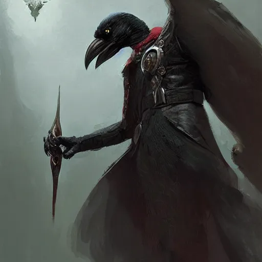 Image similar to digital art painting of an anthropomorphic!!! black crow!!! wearing wizard robes!!!, dnd portrait painted by craig mullins and gaston bussiere and greg rutkowski