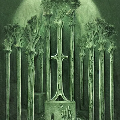 Prompt: ossuary cemetary segmented shelves overgrown, graveyard, vertical shelves, zdzisław beksinski, hr giger, mystical occult symbol in real life, high detail, green fog