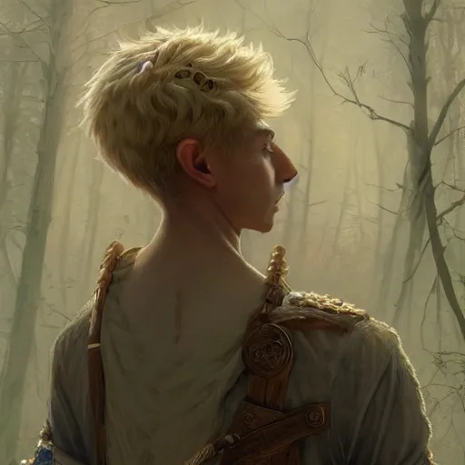 Image similar to elf fairy blonde male with a beautiful face, with a loot on their back, wearing a cardigan, highly detailed, intricate, digital painting, artstation, sharp focus, illustration, art by jakub rozalski, greg rutkowski, artgerm, tan zi and ayanamikodon and alphonse mucha and wlop