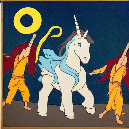 Image similar to avatar the last airbender by lawren harris, by mark lovett uneven. a photograph of a pantomime unicorn onstage, surrounded by a group of children who are clapping & cheering. the unicorn is wearing a sparkly costume & has a long, flowing mane. its horn is glittering & its eyes are wide open.