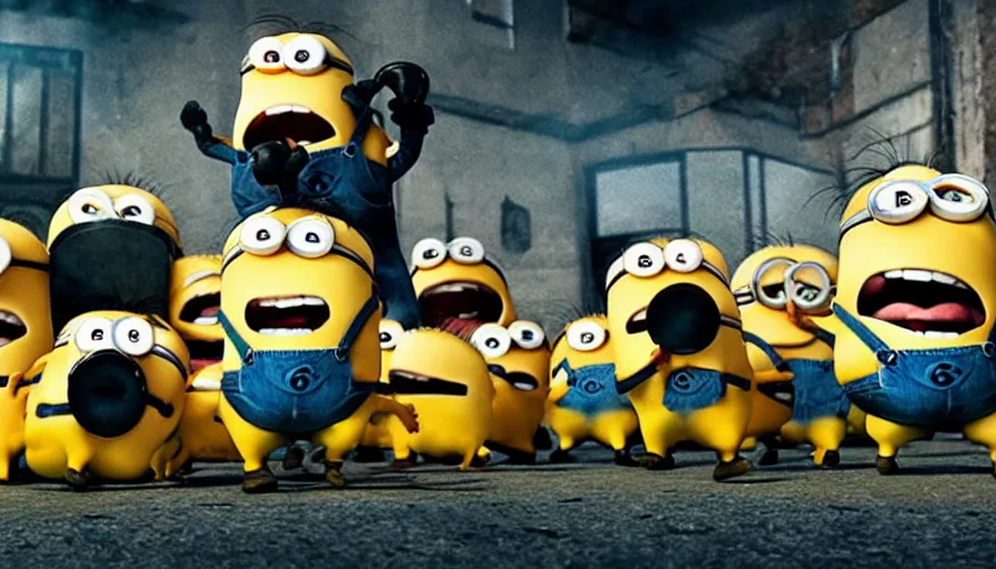 Image similar to fight!!!! club!!!!, fight!!!! club!!!! ((the minions)), movie still, directed by David fincher