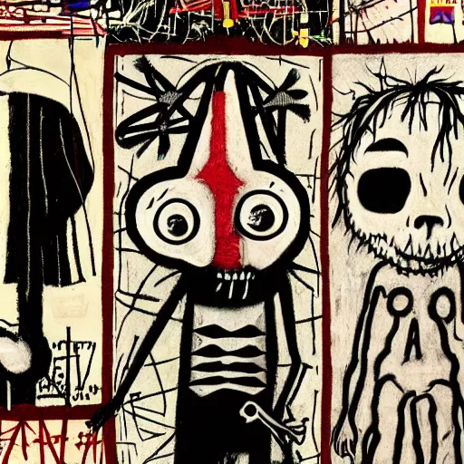 Image similar to Radiohead Amnesiac by Jhonen Vasquez and Basquiat and Hieronymous Bosch and Edward Gorey and Tim Burton, trending on artstation, highly detailed,8k