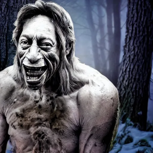 Image similar to under the full silver moon jim varney transforms into a werewolf and hungry for feeding with sharp teeth and claws in the forest full hd stunning creepy photograph