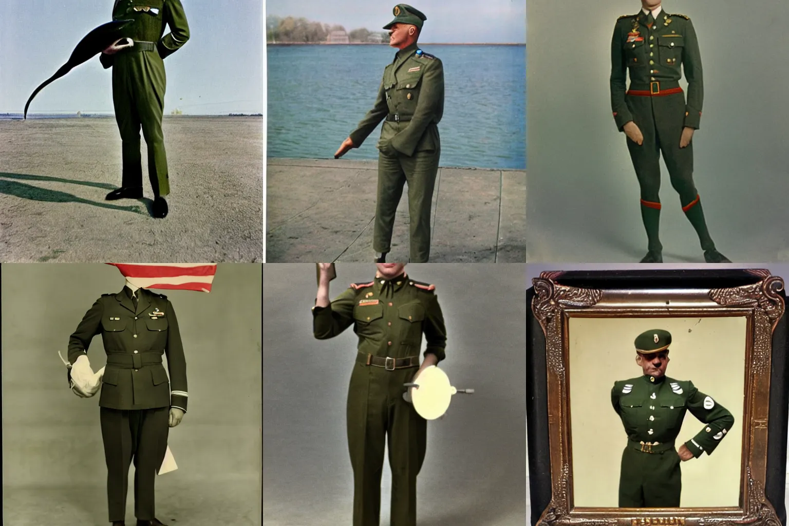 Prompt: vintage color photograph of f muscular anthropomorphic dolphin in army uniform , dramatic light