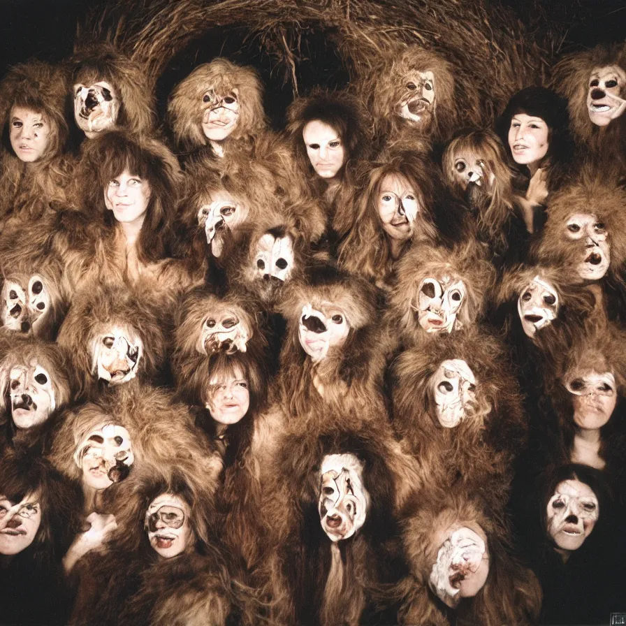 Image similar to 7 0 s movie still of cult members with taxidermic moth masks in a spiral tunnel, cinestill 8 0 0 t 3 5 mm, heavy grain, high quality, high detail