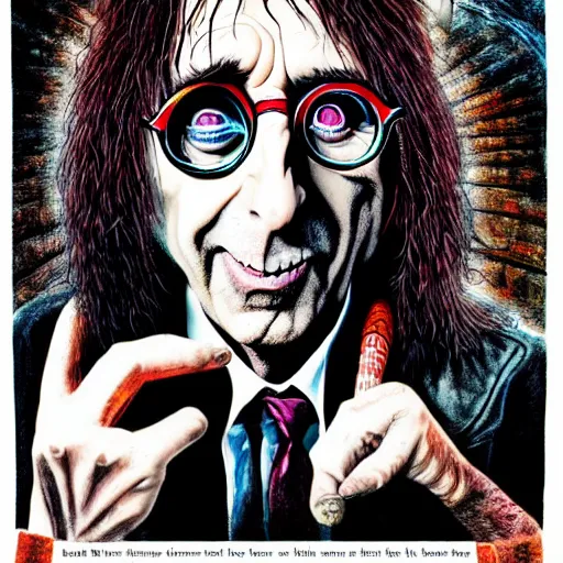 Prompt: graphic illustration, creative design, alice cooper as harry potter, biopunk, francis bacon, highly detailed, hunter s thompson, mixed media