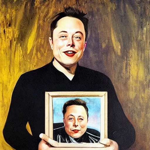 Image similar to “a deliriously happy king elon musk, portrait oil painting by Otto Dix, oil on canvas (1921)”