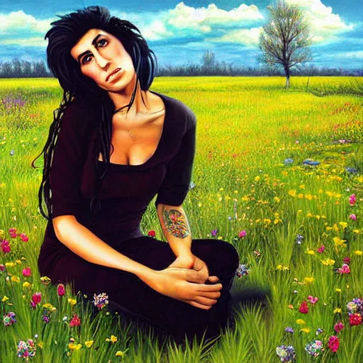 Image similar to striking hyper realistic painting of Amy Winehouse sitting in a meadow by Ivan Buchholz,