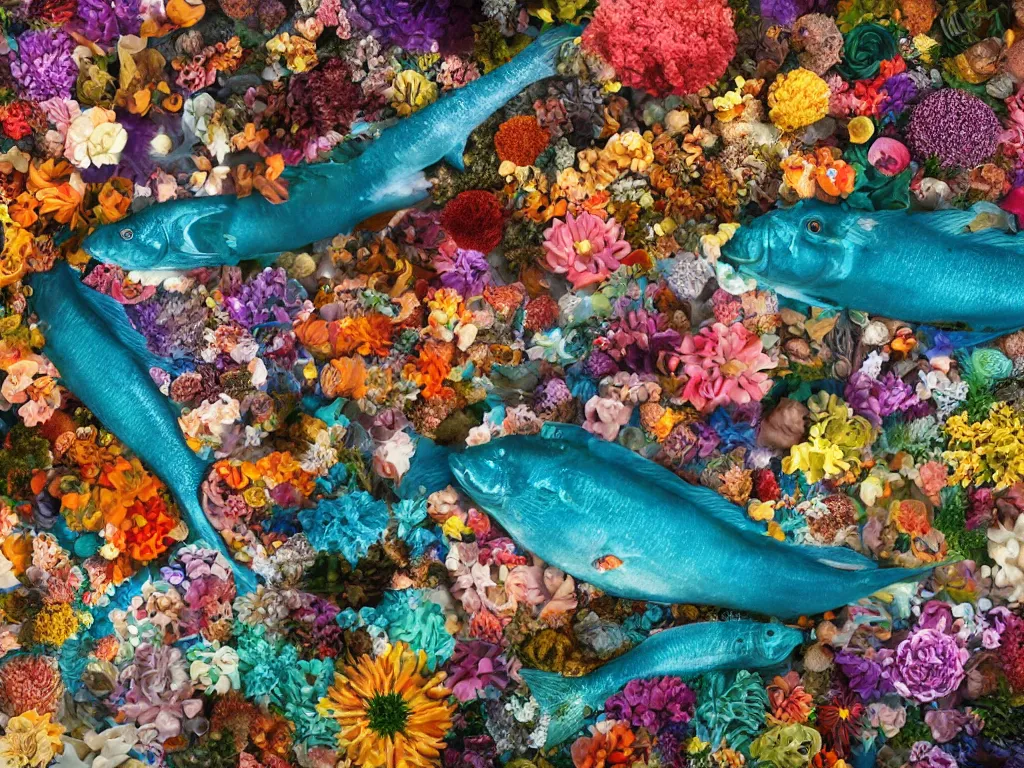 Image similar to a sculpture of fish ocean intertwined, a lovely cornucopia of flowers and human body parts, body parts, highly detailed, octane render, cinematic, shock, sharp focus, cycle