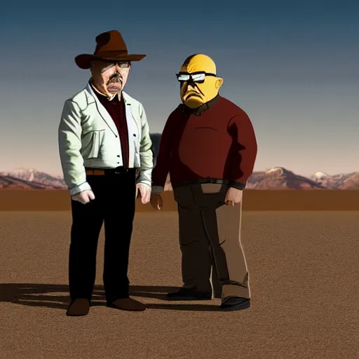 Image similar to walter white from breaking bad wearing a leather jacket, meets with eric cartman in the desert, day time, photograph, realistic