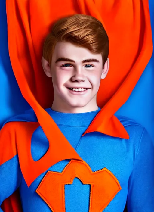 Image similar to friendly teenage archie andrews wearing an orange superhero costume with heart logo, heart, orange costume, blue cape, freckles, cape, heart emblem on chest, heart, blue cape, intricate, elegant, glowing lights, highly detailed, digital painting, artstation, sharp focus, illustration, art by wlop, mars ravelo and greg rutkowski