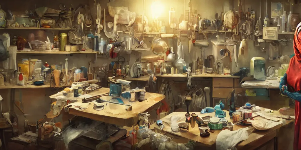 Image similar to an environmental concept art of a babushka surgeon in a cluttered workshop, surigcal impliments, surgery table, highly detailed, cinematic, dramatic