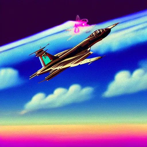 Prompt: mig - 2 5 flying above vaporwave clouds, vaporwave art