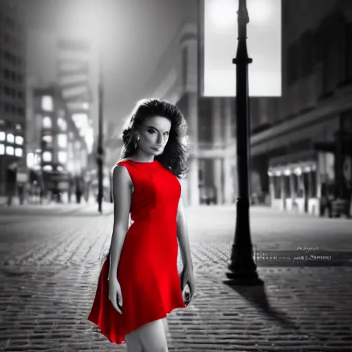 Prompt: beautiful woman in a short coffee dress standing under the circle of light on the street, grayscale phtoto with red dress, photo noire style, high resolution, 4k, highly detailed, attention to details, detailed face, realism, photo-realism, photo by marco glaviano, 35mm