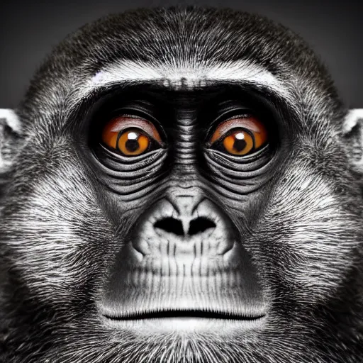 Image similar to high quality portrait of a monkey wearing black suit, studio photograph, photograph, realistic photo, 8k photo, 4k photo, stock photo, high resolution, cinematic shot, high detail